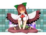  1girl bow brown_hair hair_bow highres kaenbyou_rin kaenbyou_rin_(cat) long_hair machi_no_dakashiya multiple_tails red_eyes reiuji_utsuho skirt smile solo tail third_eye touhou unyu wings 