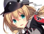  1girl anchor_hair_ornament black_ribbon blonde_hair blue_eyes blush bust face hair_ornament hair_ribbon hat iron_cross kantai_collection long_hair long_sleeves military military_uniform open_mouth peaked_cap prinz_eugen_(kantai_collection) ribbon simple_background solo takanasheeee twintails twitter_username uniform white_background 