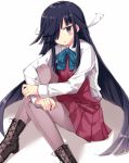  1girl 501092-taka black_eyes black_hair blush boots cross-laced_footwear grey_legwear hair_over_one_eye hayashimo_(kantai_collection) kantai_collection leg_hug long_hair pantyhose school_uniform shadow simple_background sitting solo very_long_hair white_background 