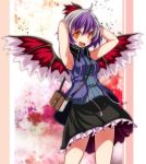  1girl :d alternate_costume armpits arms_up bag blush casual contemporary fang grey_hair handbag head_wings highres horns looking_at_viewer multicolored_hair open_mouth orange_eyes purple_hair s-syogo short_hair skirt sleeveless sleeveless_turtleneck smile solo tokiko_(touhou) touhou turtleneck two-tone_hair wings 