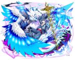  1boy beyzul blue_eyes blue_hair dragon feathered_wings hat hermes_(p&amp;d) jewelry long_hair male midriff navel necklace ponytail puzzle_&amp;_dragons smile staff water wings yamanashi_taiki 