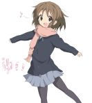  1girl black_eyes brown_hair core_(mayomayo) hirasawa_yui k-on! outstretched_arms pantyhose scarf school_uniform short_hair spread_arms 