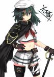  1girl 501092-taka blue_eyes brown_gloves cape character_name eyepatch gloves green_hair hand_on_hip hat kantai_collection kiso_(kantai_collection) long_hair midriff navel school_uniform serafuku simple_background skirt solo sword weapon white_background 