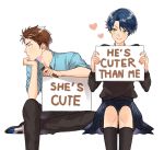 1boy 1girl black_legwear blue_hair brown_hair clenched_hand english_text gekkan_shoujo_nozaki-kun green_eyes hand_on_own_chin hand_rest heart hetero holding hori_masayuki kanapy kashima_yuu kneehighs marker school_uniform short_hair sign simple_background sitting sleeves_pushed_up smile white_background