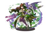  1girl braid brown_hair green_eyes hair_ornament long_hair looking_at_viewer official_art polearm purple_legwear puzzle_&amp;_dragons shield single_braid smile solo spear valkyrie valkyrie_(p&amp;d) weapon wings 