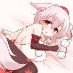  1girl animal_ears bare_shoulders bed blush breasts bridal_gauntlets hat inubashiri_momiji large_breasts marshmallow_mille no_bra open_mouth pom_pom_(clothes) red_eyes short_hair sideboob silver_hair tail tokin_hat touhou wolf_ears wolf_tail 