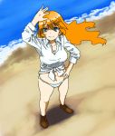  1girl beach blue_eyes blue_panties breasts charlotte_e_yeager cleavage collarbone dress_shirt from_above hand_on_hip long_hair long_sleeves looking_at_viewer looking_up navel orange_hair panties shirt shoes smile solo strike_witches tied_shirt underwear water wind 