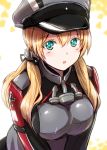  1girl :o anchor anchor_hair_ornament blonde_hair breast_squeeze breasts bust eri_(resia) eyelashes green_eyes hat highres iron_cross kantai_collection looking_at_viewer military military_hat military_uniform peaked_cap prinz_eugen_(kantai_collection) solo twintails uniform 