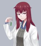  1girl bangs bust collarbone collared_shirt expressionless grey_background jiffic labcoat looking_at_viewer mon-musu_quest! payot promestein redhead shadow simple_background solo test_tube violet_eyes 