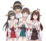  4girls adjusting_glasses ahoge bare_shoulders black_hair blue_eyes blush brown_eyes brown_hair collarbone commentary_request crying crying_with_eyes_open detached_sleeves frown glasses green-framed_glasses hairband hands_together haruna_(kantai_collection) headgear hiei_(kantai_collection) japanese_clothes jealous jewelry kantai_collection kirisato_itsuki kirishima_(kantai_collection) kongou_(kantai_collection) long_hair looking_at_hand looking_at_viewer multiple_girls no_legwear nontraditional_miko open_mouth parted_lips ring semi-rimless_glasses short_hair simple_background smile tearing_up tears thigh-highs under-rim_glasses wedding_band white_background 