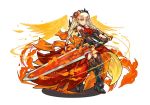  1girl bare_shoulders blonde_hair braid flame gauntlets greaves green_eyes hair_ornament hairband looking_at_viewer official_art puzzle_&amp;_dragons solo sword twin_braids valkyrie valkyrie_(p&amp;d) weapon wings 
