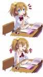  1girl 2koma ^_^ blue_eyes blush book brown_hair chair closed_eyes comic desk doodle eraser hair_ribbon holding kousaka_honoka long_hair looking_at_viewer love_live!_school_idol_project mechanical_pencil mouth_hold neck_ribbon notebook open_book pencil ribbon school_desk school_uniform shikei_(jigglypuff) side_ponytail simple_background sitting sleeves_pushed_up solo waving white_background yellow_ribbon 