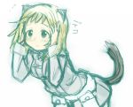  1girl :c animal_ears blonde_hair blush elma_leivonen frown green_eyes hands_on_head izuoku jacket leaning_forward long_sleeves military military_uniform short_hair simple_background sketch solo strike_witches tail uniform weasel_ears weasel_tail white_background 