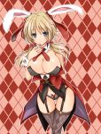  1girl animal_ears argyle argyle_background argyle_legwear arm_behind_back bare_shoulders black_panties blonde_hair blush bow bow_panties breasts brown_legwear cowboy_shot detached_collar garter_straps gatakenjin hand_to_own_mouth hapymaher large_breasts long_hair looking_at_viewer low_twintails panties rabbit_ears smile solo thigh-highs thigh_gap twintails underwear wrist_cuffs yayoi_b_lutwidge 