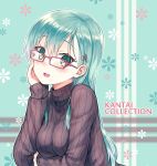  1girl aqua_hair blush glasses green_eyes hair_ornament hairclip highres hiten_goane_ryu kantai_collection long_hair looking_at_viewer open_mouth red-framed_glasses smile solo suzuya_(kantai_collection) turtleneck 