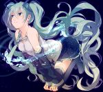  1girl absurdly_long_hair aqua_eyes aqua_hair bare_shoulders black_hair boots bubble detached_sleeves hair_ornament hatsune_miku highres long_hair long_sleeves necktie pecchii pleated_skirt shirt skirt solo thigh-highs thigh_boots twintails underwater very_long_hair vocaloid wide_sleeves zettai_ryouiki 