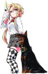  1girl bird blonde_hair blue_eyes blush chankodining_waka checkered checkered_legwear cockatiel collar doberman dog highres long_hair looking_at_viewer original parrot simple_background smile solo thigh-highs white_background zettai_ryouiki 