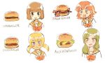  4girls avocado bacon commentary food hamburger kataro multiple_girls school_uniform tagme 