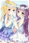  2girls ayase_eli blonde_hair blue_eyes character_name choker dress flower frilled_dress frills gloves green_eyes head_wreath jewelry jpeg_artifacts long_hair love_live!_school_idol_project multiple_girls open_mouth purple_hair smile souhi toujou_nozomi white_gloves yume_no_tobira 