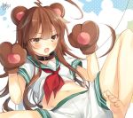  1girl ahoge barefoot bear_paw brown_eyes brown_hair collar kantai_collection kuma_(kantai_collection) long_hair school_uniform serafuku short_pants toosaka_asagi 