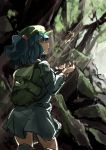  1girl backpack bag beetle blue_eyes blue_hair boots bug flanvia forest hair_bobbles hair_ornament hat highres kawashiro_nitori long_sleeves nature shirt skirt solo touhou twintails 