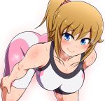  1girl ass bent_over bike_shorts blue_eyes breasts brown_hair collarbone gundam gundam_build_fighters gundam_build_fighters_try hands_on_knees hoshino_fumina large_breasts long_hair ponpo ponytail scrunchie smile solo sports_bra sweat 