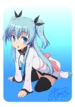  1girl arm_support black_legwear blue_eyes blue_hair blush boots kuri_youkan long_hair looking_at_viewer noel_(sora_no_method) open_mouth sitting solo sora_no_method thigh-highs two_side_up wariza 