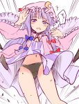  /\/\/\ 1girl black_panties blush breasts cleavage crescent_hair_ornament d: hair_ornament long_hair miyo_(ranthath) mob_cap navel nightgown open_mouth overcoat panties patchouli_knowledge purple_hair solo touhou underwear upskirt violet_eyes wind_lift 