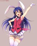  1girl :d animal_ears arm_up blush bow cowboy_shot dated earrings gloves hand_on_hip highres jewelry korekara_no_someday long_hair looking_at_viewer love_live!_school_idol_project open_mouth rabbit_ears shorts smile solo song_name sonoda_umi thigh-highs very_long_hair vest white_gloves white_legwear yellow_eyes yu-ta 