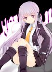  1girl black_gloves boots braid chair dangan_ronpa dangan_ronpa_1 gatakenjin gloves hair_ribbon kirigiri_kyouko knees_together_feet_apart long_hair looking_at_viewer monokuma necktie purple_hair ribbon sitting skirt solo very_long_hair violet_eyes 