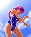  1girl blue_eyes competition_swimsuit from_below gao_(naodayo) grin highres long_hair one-piece_swimsuit original purple_hair smile stretch swimsuit 