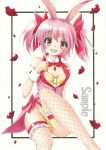  1girl animal_ears bare_shoulders bow bunnysuit fishnet_legwear fishnets hair_bow jewelry kaname_madoka leg_garter looking_at_viewer mahou_shoujo_madoka_magica marker_(medium) munmu open_mouth pendant petals pink_hair rabbit_ears red_eyes sample sitting solo traditional_media twintails wrist_cuffs 