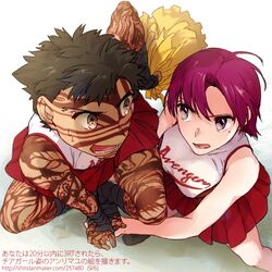  1boy 1girl avenger bazett_fraga_mcremitz cheerleader dark_skin fate/hollow_ataraxia fate_(series) full_body_tattoo mspn pleated_skirt pom_poms purple_hair skirt tattoo violet_eyes 