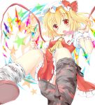  1girl ascot blonde_hair blush bow candy dress flandre_scarlet hat hat_bow licking lollipop looking_at_viewer mismatched_legwear mob_cap open_mouth puffy_short_sleeves puffy_sleeves red_dress red_eyes shirt short_sleeves side_ponytail sitting solo star takahasiy tongue tongue_out touhou wings wrist_cuffs 