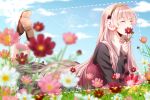  1girl blurry closed_eyes flower headphones holding legs_up long_hair long_sleeves lying megurine_luka on_stomach pink_hair sky solo tsujiori very_long_hair vocaloid 