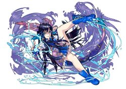  1girl black_hair blue_eyes boots brass_knuckles chinese_clothes dragon dragon_tail fingerless_gloves gloves head_fins horns karin_(p&amp;d) kei_(keiclear) long_hair no_legwear puzzle_&amp;_dragons smile solo tail weapon 