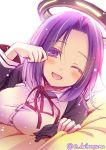  1girl ;d blush breast_rest breasts daikan&#039;yama_ebisu happy kantai_collection mechanical_halo one_eye_closed open_mouth purple_hair rubbing_eyes sketch smile solo tatsuta_(kantai_collection) twitter_username violet_eyes 