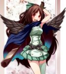  1girl alternate_costume arm_up belt black_wings bow brown_hair cape gloves green_legwear hair_bow highres long_hair looking_at_viewer open_mouth pleated_skirt pouch red_eyes reiuji_utsuho s-syogo single_thighhigh skirt sleeveless smile solo thigh-highs touhou wings 