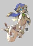 1girl absurdres anklet bandages bdsm blood blue_eyes bondage capelet cuffs glowing glowing_eyes handcuffs highres hood jewelry lamian_(pixiv415608) long_hair looking_at_viewer nail_polish navel original silver_hair skull small_breasts solo topless 