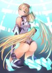  1girl angela_balzac ass bare_shoulders blonde_hair blue_eyes bodysuit boots breasts elbow_gloves expelled_from_paradise from_behind gloves headgear highres koruse leotard long_hair looking_at_viewer looking_back low_twintails smile solo twintails very_long_hair 
