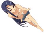  1girl barefoot bikini bikini_top blue_eyes blue_hair flat_chest hair_ornament hairclip highres ino long_hair mochizuki_nonoka one-piece_tan otome_function shorts side-tie_bikini simple_background solo swimsuit tan tanline undressing 