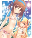  2girls aikawa_touma bikini blonde_hair brown_eyes brown_hair hair_ribbon hairband long_hair multiple_girls one_eye_closed papa_no_iu_koto_wo_kikinasai! ribbon short_hair sun swimsuit takanashi_miu takanashi_sora twintails 