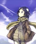  1girl :o animal_ears artist_name black_hair blue_sky blush clouds dog_ears extra_ears hands_in_pockets izuoku jacket kanno_naoe long_sleeves open_mouth overalls scarf short_hair sky solo strike_witches violet_eyes 