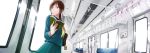  1girl bag book bookmark brown_eyes brown_hair eroero884 from_below frown highres looking_away original ponytail poster school_bag school_uniform serafuku solo standing train train_interior 