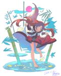  1girl animal_ears bamboo barefoot bent_over blue_eyes brooch brown_hair collarbone dress dress_lift imaizumi_kagerou jewelry long_sleeves morino_hon shirt signature skirt solo tail touhou water wide_sleeves wolf_ears wolf_tail 