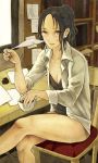  1girl amripo black_hair book bookshelf brown_eyes cup flat_chest glasses looking_at_viewer open_clothes open_shirt ponytail quill short_hair sitting solo thighs 