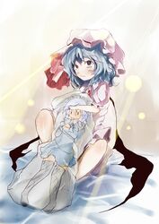  1girl bat_wings black_legwear blue_dress blue_hair brooch dakimakura_(object) dress flanvia hat hat_ribbon highres izayoi_sakuya jewelry maid maid_headdress mob_cap pillow pink_dress puffy_short_sleeves puffy_sleeves red_eyes remilia_scarlet ribbon short_sleeves silver_hair sitting solo thigh-highs touhou twintails wings zettai_ryouiki 