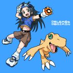  1girl :d agumon black_hair blue_eyes digimon digivice gloves goggles goggles_on_head highres idolmaster idolmaster_cinderella_girls long_hair midriff nanjou_hikaru nash_(na-si) navel open_mouth shorts smile yagami_taichi yagami_taichi_(cosplay) 