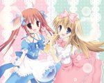  2girls :d blonde_hair blue_eyes bow brown_hair collarbone hair_bow hair_ribbon holding kizuki_erika long_hair looking_at_viewer multiple_girls open_mouth original red_eyes ribbon smile twintails wrist_cuffs 