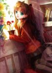  1girl ayase_(chanxie) black_legwear blue_eyes brown_hair fate/stay_night fate_(series) flower hair_ribbon pantyhose plant potted_plant ribbon solo tohsaka_rin toosaka_rin two_side_up younger 